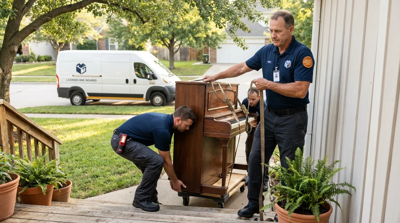 Licensed piano movers securing grand piano in New Market, AL