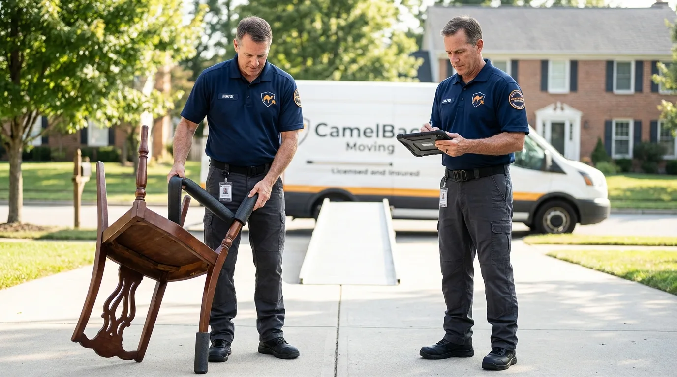 Movers inspecting furniture for damage prevention before loading in New Market, AL