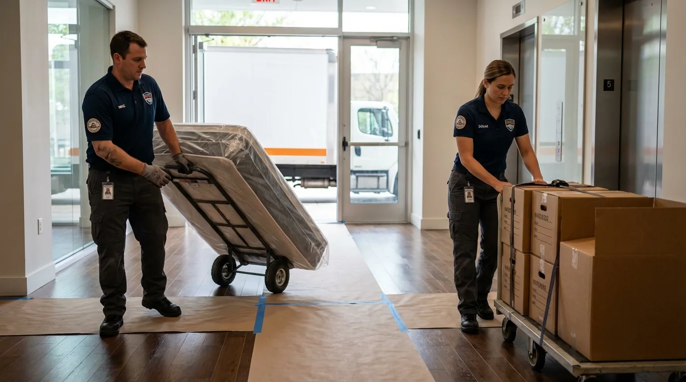 Professional apartment movers loading elevator in New Market, AL