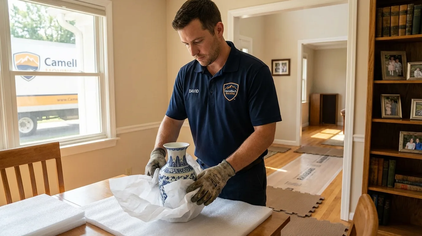 Professional crew carefully wrapping antique vase for senior downsizing move in New Market, AL